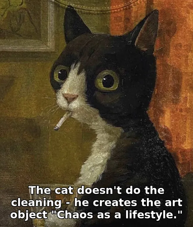 The cat doesn't do the cleaning - he creates the art object "Chaos as a lifesty…