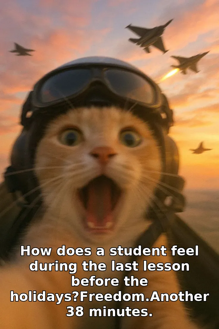 How does a student feel during the last lesson before the holidays?Freedom.Another 38 minutes.