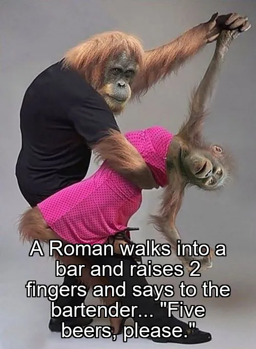 A Roman walks into a bar and raises 2 fingers and says to the bartender... "Five beers, please."