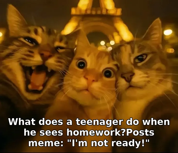 What does a teenager do when he sees homework?Posts meme: "I'm not ready!"