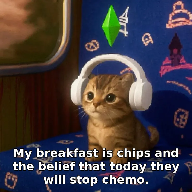 My breakfast is chips and the belief that today they will stop chemo.