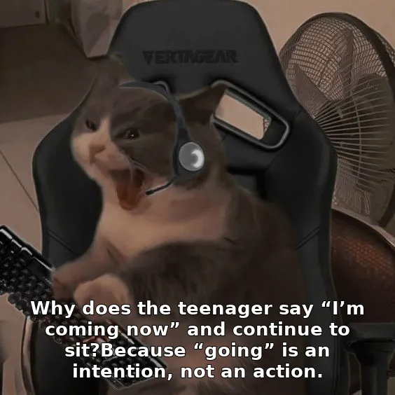 Why does the teenager say “I’m coming now” and continue to sit?Because “going” …