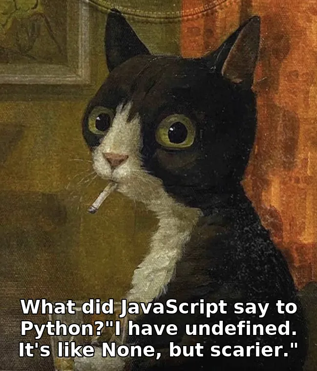 What did JavaScript say to Python?"I have undefined. It's like None, but scarie…