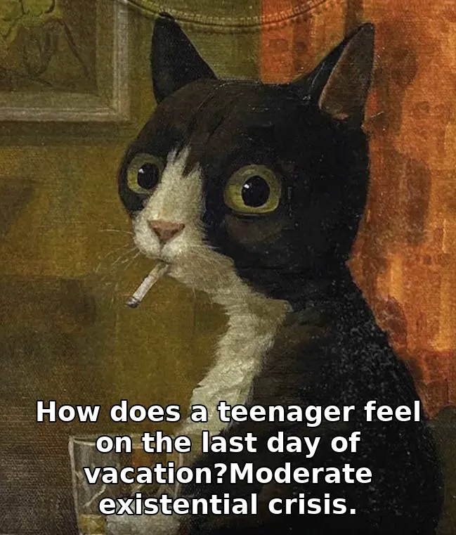 How does a teenager feel on the last day of vacation?Moderate existential crisi…